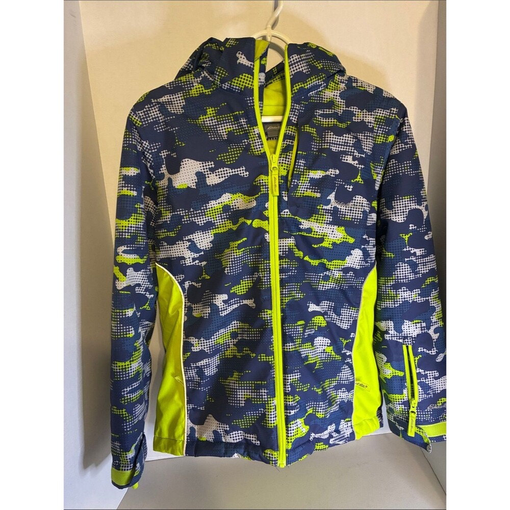 Eddie Bauer Blue and Neon Yellow Dot-Print Hooded Jacket